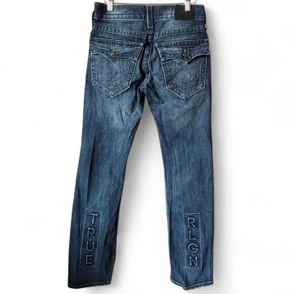 True Religion Straight Leg Jeans Distressed Medium Wash Embroidered Logo Sz 30 - Picture 1 of 8